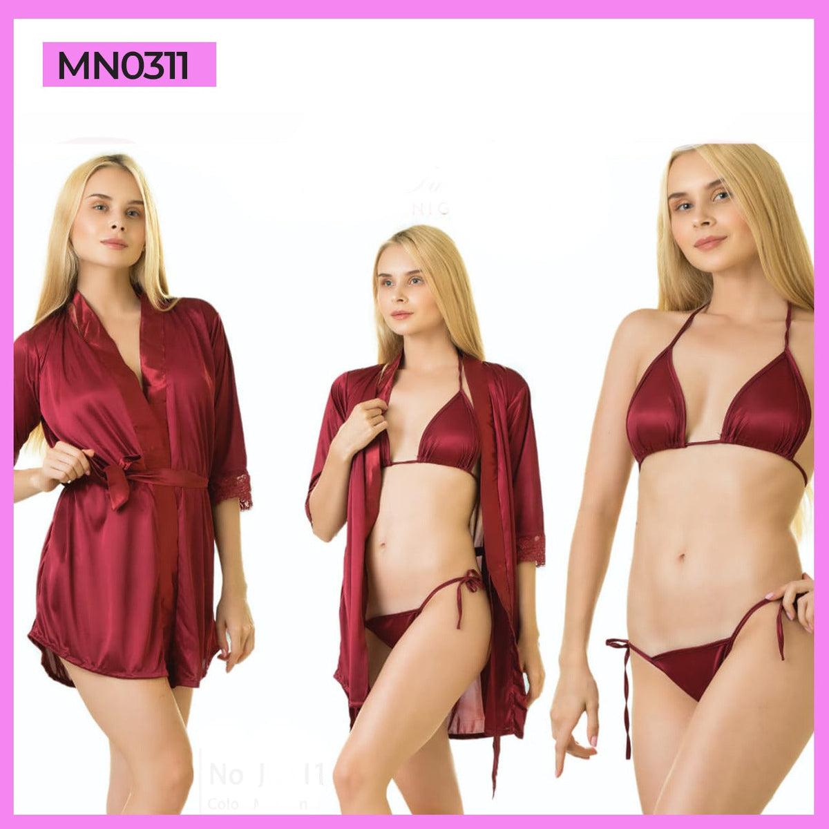 3PC Silk Bikini Robe Gown Set (Red)