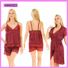 3Pc Silk Cami Set With Robe Gown