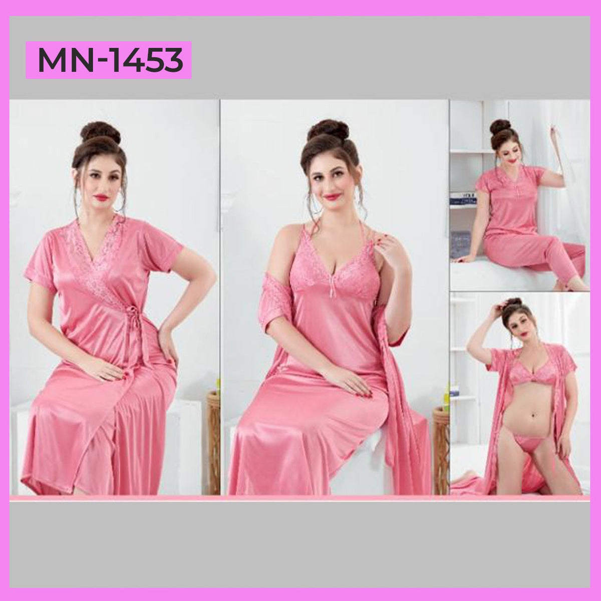 6Pc Pink Bridal Silk Nighty