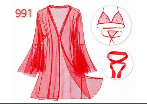 3Pc Net Red Semi Transparent Gown Nighty