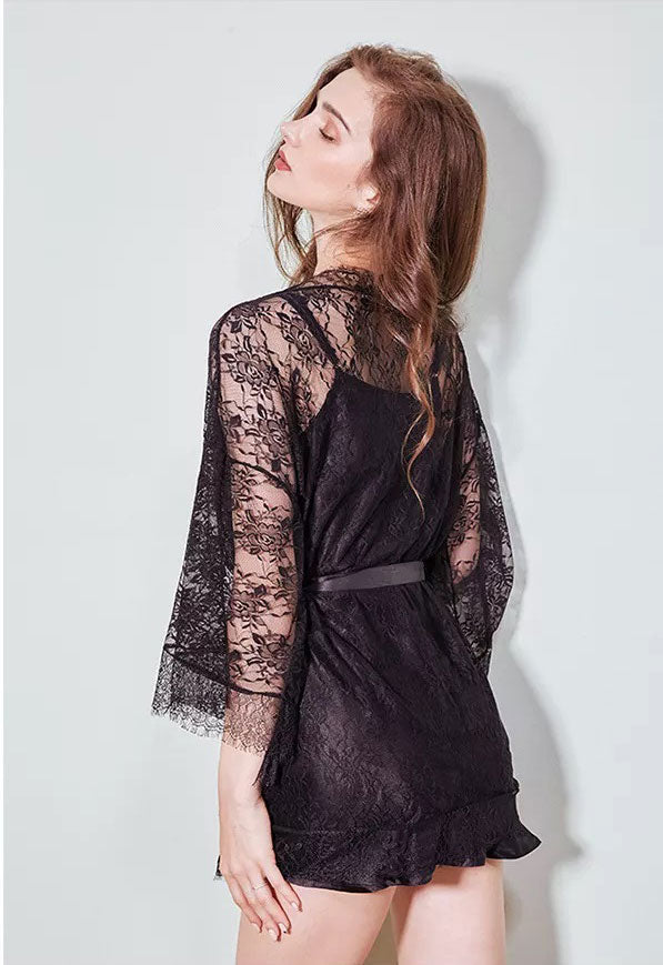 Black-Lace-3-Piece-Satin-Sleepwear-Chemise-Femme-Silk-Loungewear-Slip