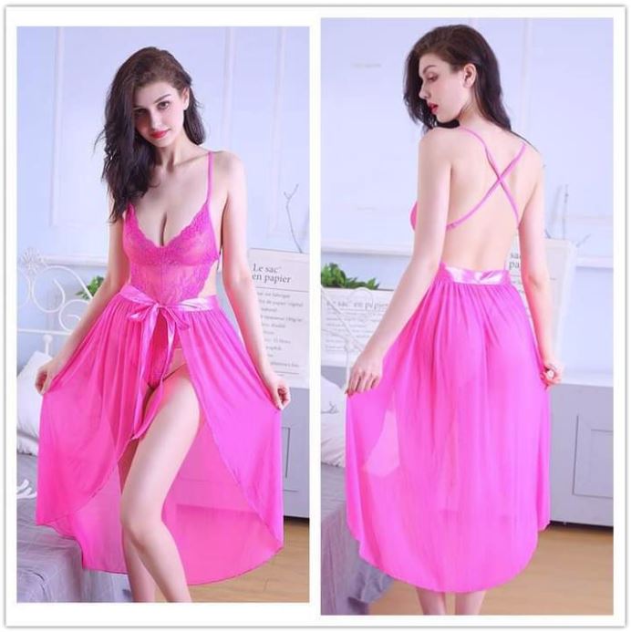 2Pc Babydoll transparent Net Gown Nightwear