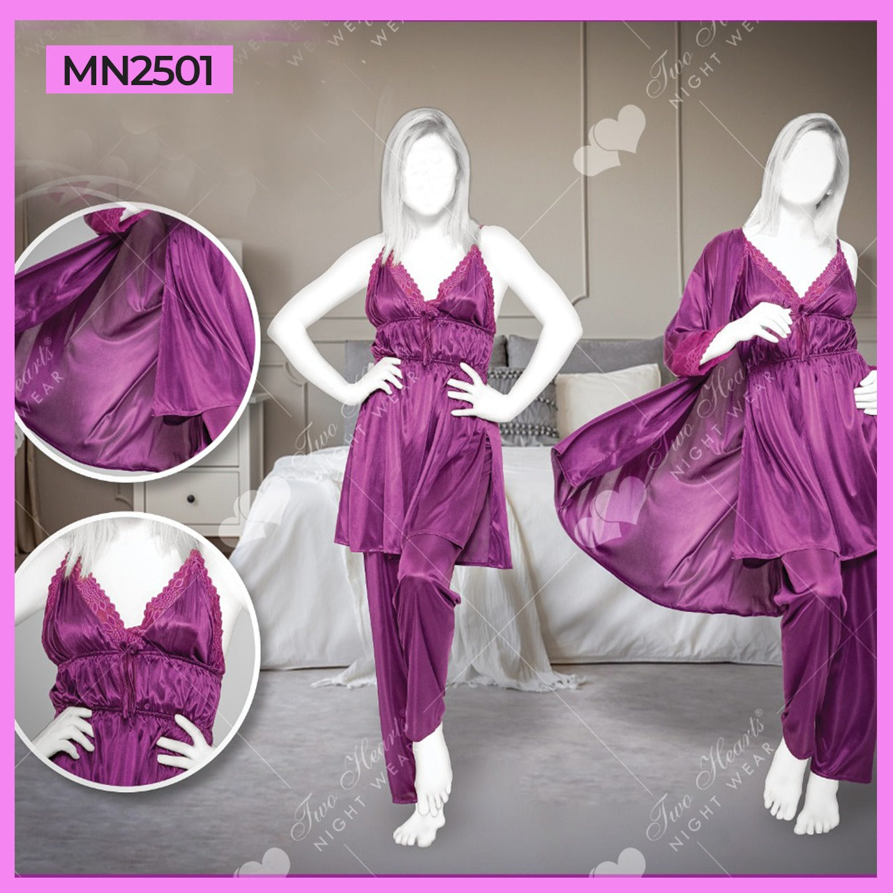 3Pc Silk Robe Bridal Gown Set Nighty