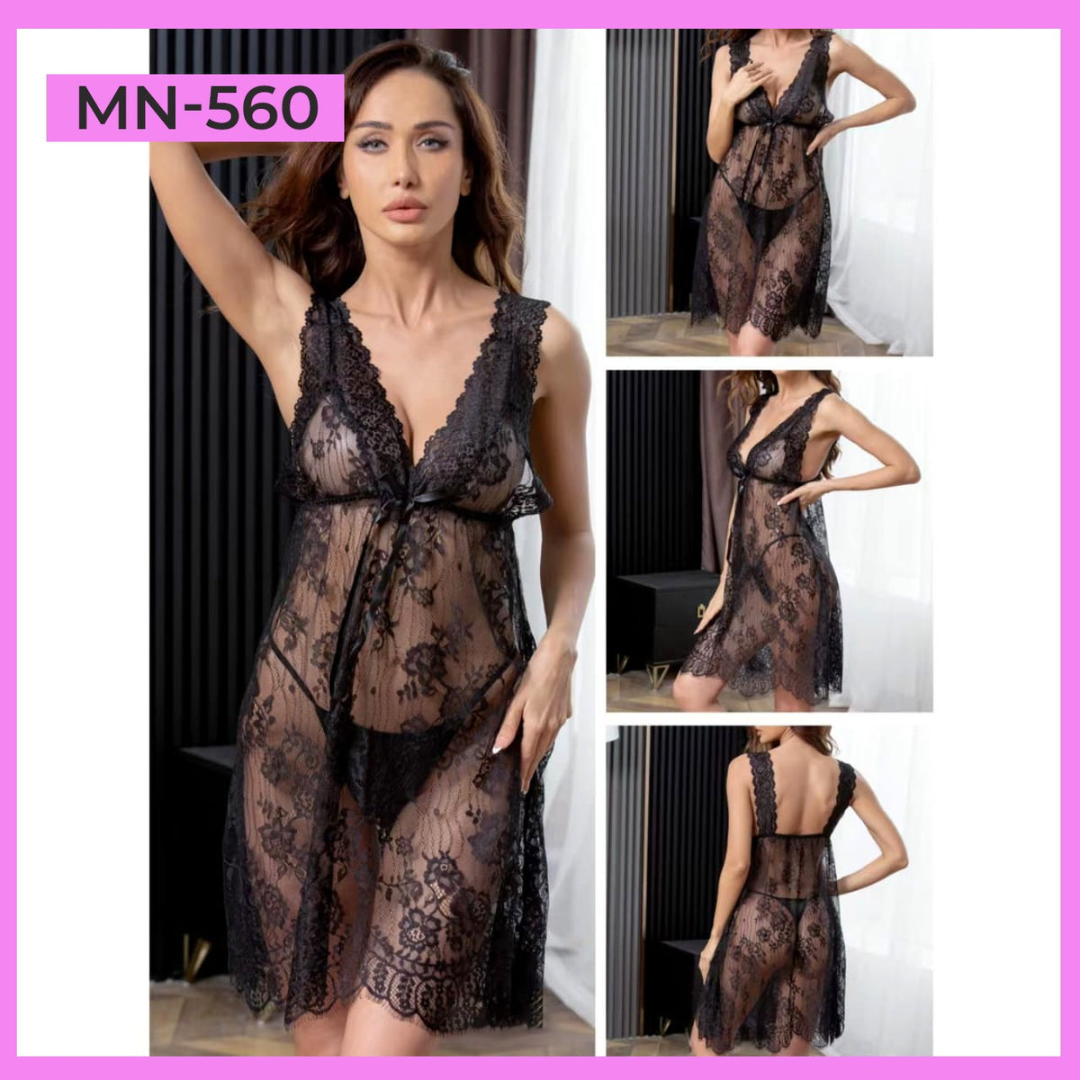 Transparent Lace Pattern Net Nighty