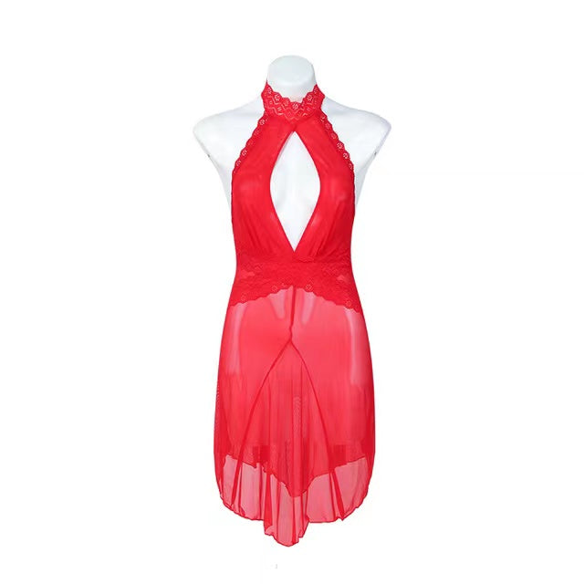 Sexy Deep V-Neck Halter Neck Backless Lingerie Dress With Hollow-Out Design And Sheer Material