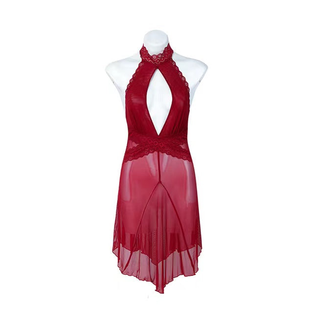 Sexy Deep V-Neck Halter Neck Backless Lingerie Dress With Hollow-Out Design And Sheer Material
