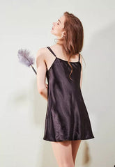 Black-Lace-3-Piece-Satin-Sleepwear-Chemise-Femme-Silk-Loungewear-Slip