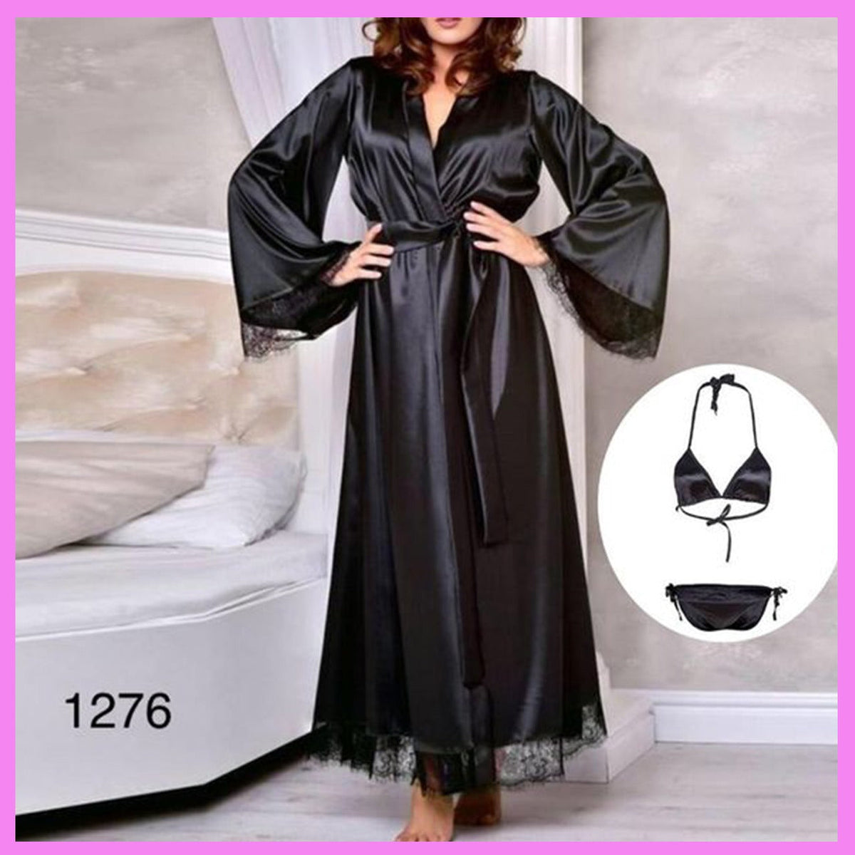 3Pc Long Silk Robe Gown with Bikni Set (Black)