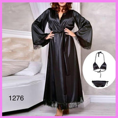 3Pc Long Silk Robe Gown with Bikni Set (Black)