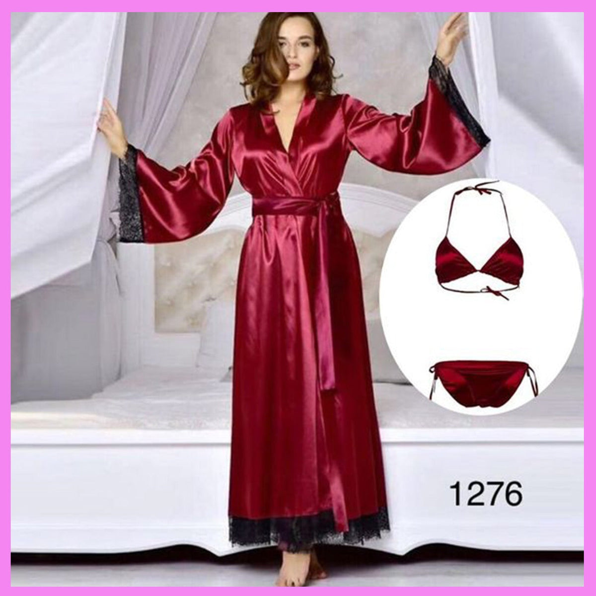 3Pc Long Silk Robe Gown with Bikni Set (Red)