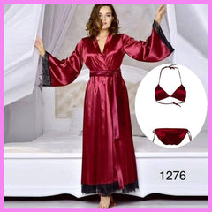 3Pc Long Silk Robe Gown with Bikni Set (Red)