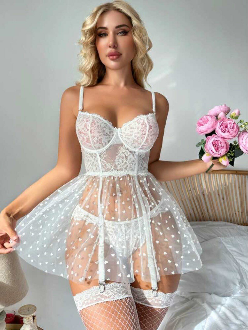 WARD White sexy lingerie babydoll nightgown with lace