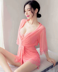 3Pc Womens Tops and Blouses Pink Sleepwear Sets Sexy Lace Bath Robe Night Gowns V-neck Iingerie Mini Dress Bridesmaid Dress