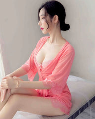 3Pc Womens Tops and Blouses Pink Sleepwear Sets Sexy Lace Bath Robe Night Gowns V-neck Iingerie Mini Dress Bridesmaid Dress